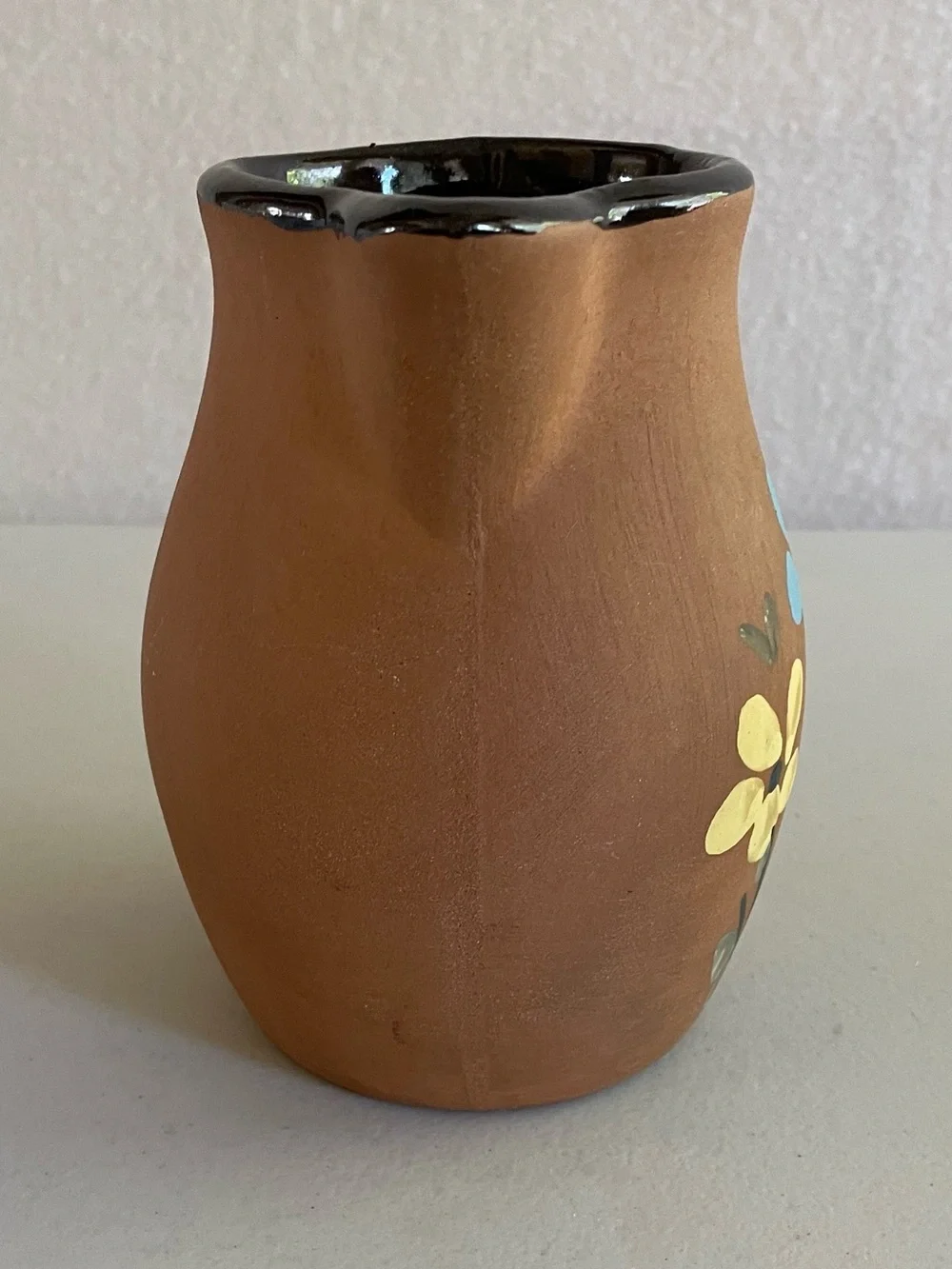 Vintage Hand Painted Terracotta Floral Pitcher Rustic Folk Art Clay Jug Vase 6